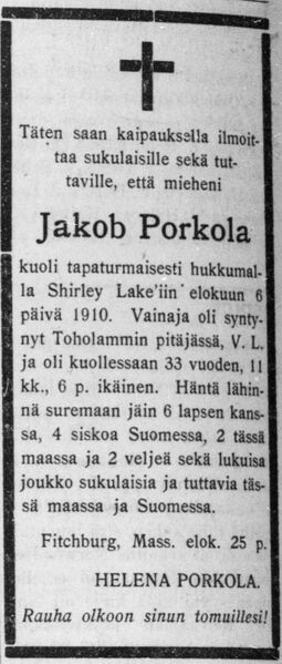 Tiedosto:Porkola, Jakob. 25.8.1910 Raivaaja no 99 s. 8, kuolinilmoitus, hukkuminen Shirley Lakeen.jpg