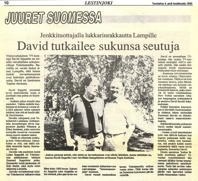 Tiedosto:Lestinjoki 4.6.1992- Jenkkituottajalla lukkarinrakkautta Lampille - David tutkailee sukunsa seutuja.jpg