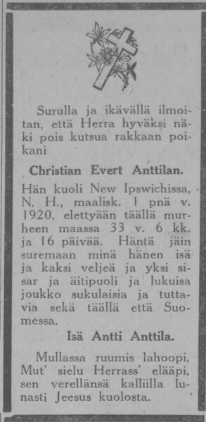 Tiedosto:30.3.1920 Pohjan Tähti-Kristian Anttilan kuolinilmoitus.jpg