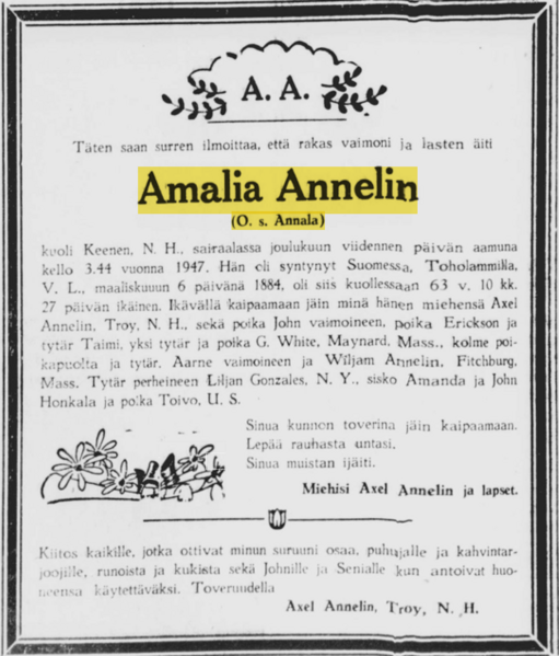 Tiedosto:17.12.1947 Raivaaja, Amalia Annalan kuolinilmoitus.png