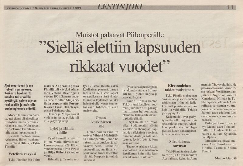 Tiedosto:Lestinjoki 19.11.1997- Muistot palaavat Piilonperälle - "Siellä elettiin lapsuuden rikkaat vuodet".jpg