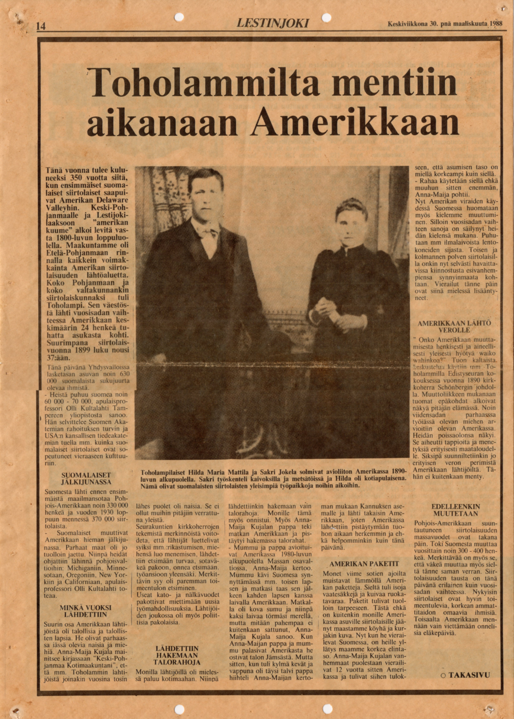 Lestinjoki-lehti 30.3.1988 - Toholammilta mentiin aikanaan Amerikkaan.png
