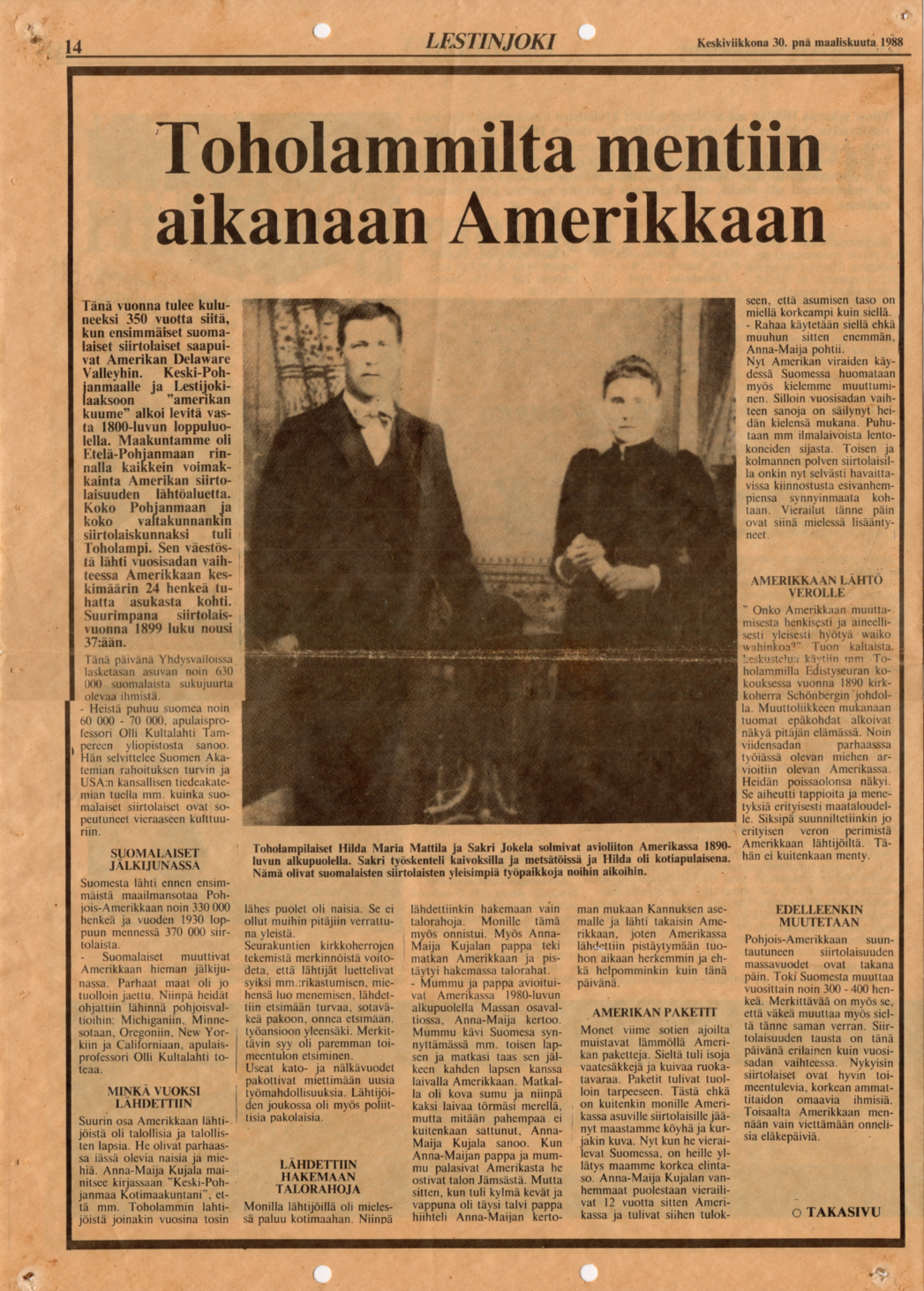 Lestinjoki-lehti 30.3.1988 - Toholammilta mentiin aikanaan Amerikkaan.png