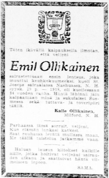 Tiedosto:22.10.1918, Raivaaja Emil Ollikaisen kuolinilmoitus.jpg